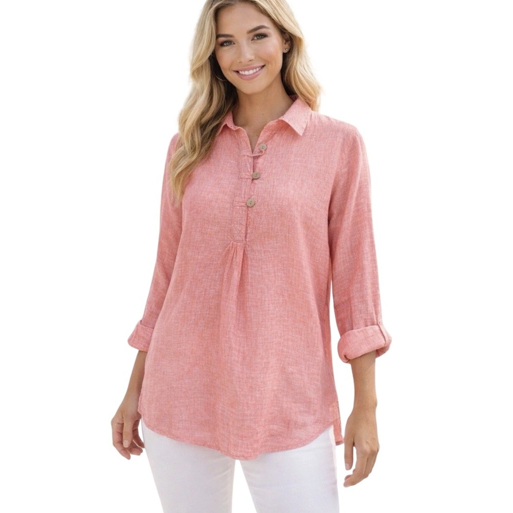 Singrid Olsen Coral Pink Linen Tunic Blouse‎ Top Size 1X Coastal Cruise